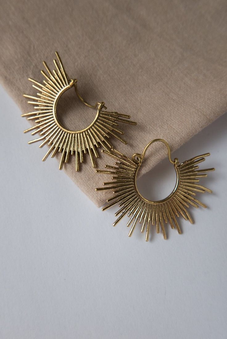 Starburst Earrings Hoops Drops Geometric Art Deco Sun | Etsy Nickel-free Brass Earrings For Summer, Summer Gold Nickel-free Jewelry, Gold Nickel-free Hoop Earrings For Summer, Nickel-free Gold Hoop Earrings For Summer, Vintage Metal Hoop Earrings For Summer, Handmade Brass Earrings For Summer, Summer Vintage Metal Hoop Earrings, Summer Brass Pierced Earrings, Bohemian Brass Hoop Earrings For Party