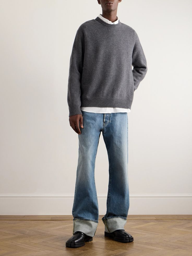 A cool base to build your outfit around, Maison Margiela's jeans have wide, turned-up hems and harness detailing on the back. They're cut from faded denim in a straight-leg fit and have a classic five-pocket construction. Wide Straight Leg Jeans, Wide Leg Jeans Outfit Men, Straight Leg Jeans Men, Latest Jeans, Faded Jeans, Mens Straight Jeans, Faded Denim, Straight Fit Jeans, Fashion 101