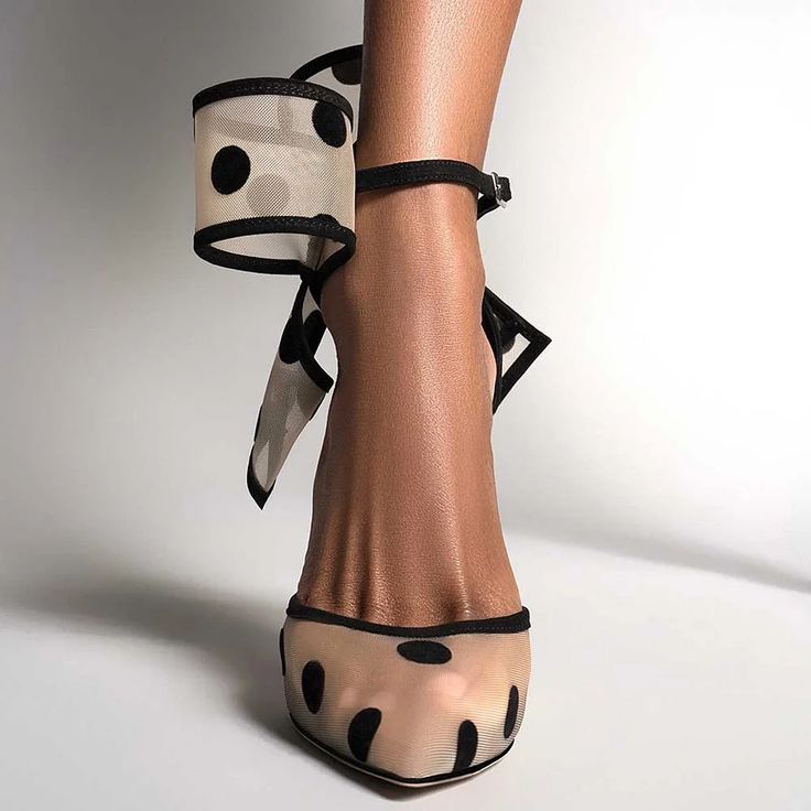 Black & Beige Mesh Polka Dot Bow Heeled Sandals with Ankle Strap Classy Heels, Designer Footwear, Shoes Heels Classy, Mesh Heels, Bow Pumps, Heel Slippers, Elegant Shoes, Fabulous Shoes, Crazy Shoes