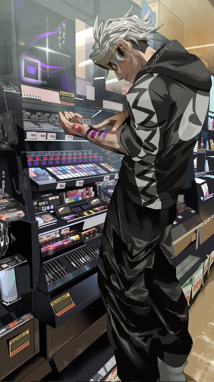 a man standing in front of a store filled with cosmetics and makeup products, looking at his phone