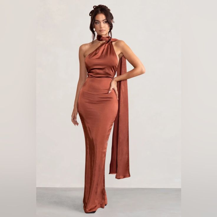 Club L London Mademoiselle Rust Backless Satin Asymmetric Scarf Neck Maxi Dress Features: New With Tags Size: Uk 10 Color: Rust Asymmetric Scarf Neck Backless Design Cowl Back Detail Premium Satin Fabric One-shoulder Pre-draped Fitted Satin Dress, Fitted One-shoulder Pre-draped Satin Dress, Pre-draped One-shoulder Satin Party Dress, Pre-draped One Shoulder Satin Party Dress, Asymmetrical Pre-draped Party Dress, Pre-draped Asymmetrical Party Dresses, Asymmetrical Satin One Shoulder Evening Dress, Fitted Asymmetrical Satin Party Dress, Fitted Asymmetrical Satin Dress For Party