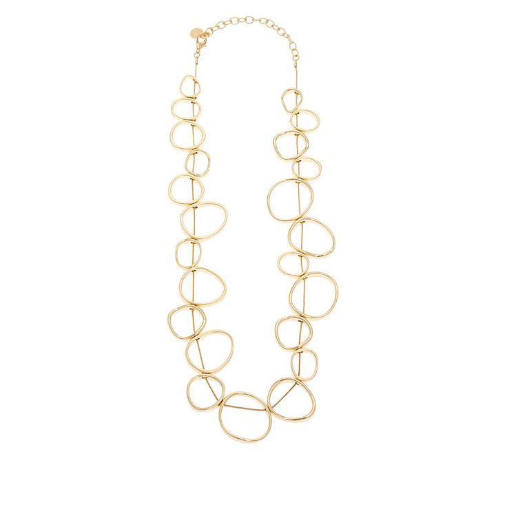 R.J. Graziano Elements of Style 22" Open Circle Necklace   Freeform circles slide along a sleek cable chain in R.J. Graziano's simply intriguing take on minimalist statement style.          Approx. 22"L x 1-1/8"W with 3-1/2" extender      Goldtone finish      Snake chan: lobster-claw clasp Open Circle Necklace, Elements Of Style, Circle Necklace, Cable Chain, Lobster Claw, Fashion Statement, Jewelry Pieces, Circles, Silver Tone