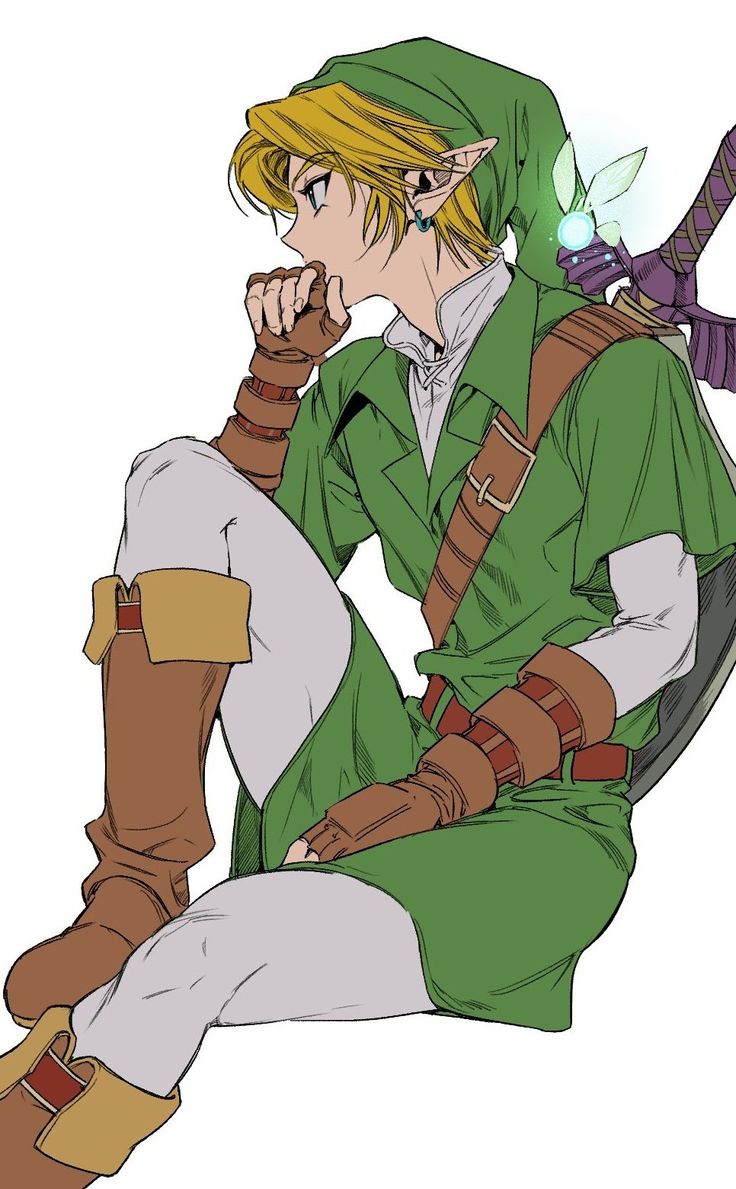 the legend of zelda is sitting down with his hand on his chin and looking at something