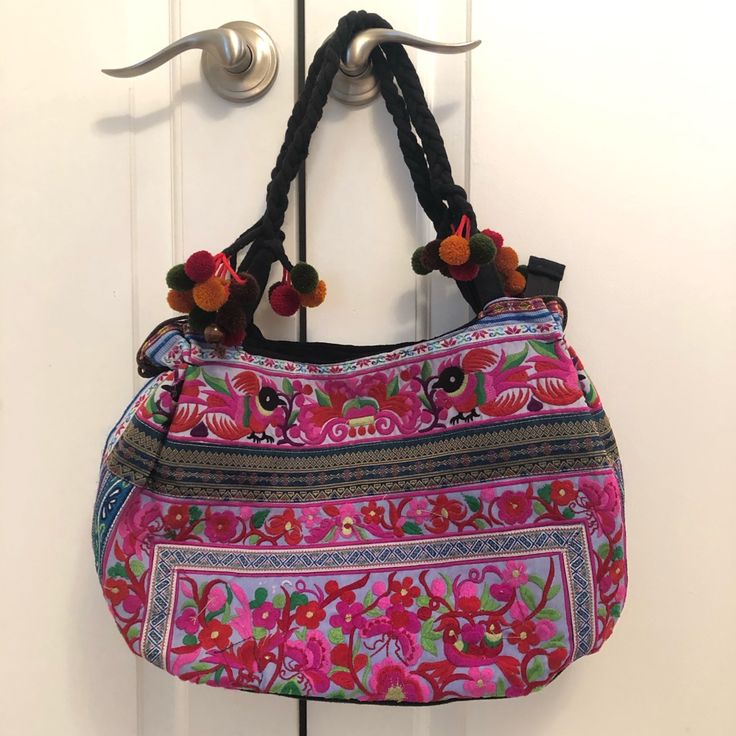 Very Unique Fully Embroidered Zip Top Fabric Shoulder Bag With Multi Color Pom Tassels And Twisted Straps. Very Lightweight And Roomy Interior With Inner Zip Pocket. Brand New But No Tags. Red Bags With Floral Embroidery For Festivals, Red Floral Embroidery Bag For Festivals, Daily Use Bags With Multicolor Embroidery, Embroidered Satchel With Double Handle, Pink Embroidered Handheld Bag, Travel Satchel With Embroidered Double Handle, Pink Embroidered Shoulder Bag, Embroidered Tote Shoulder Bag, Embroidered Satchel Hobo Bag For Daily Use