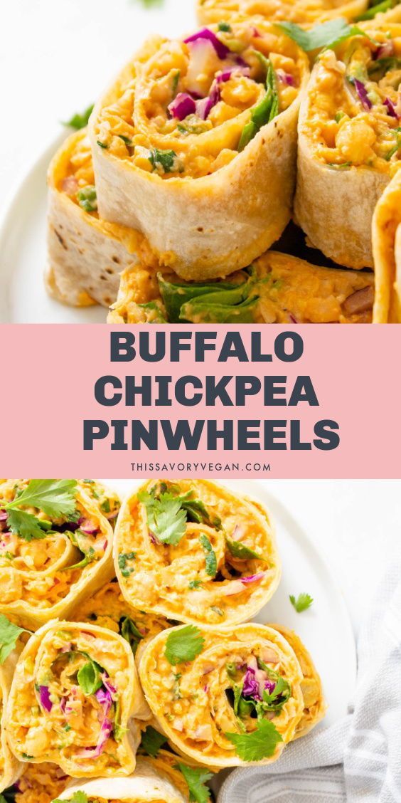 buffalo chickpea pinwheels on a white plate with text overlay that says buffalo chicken pinwheels