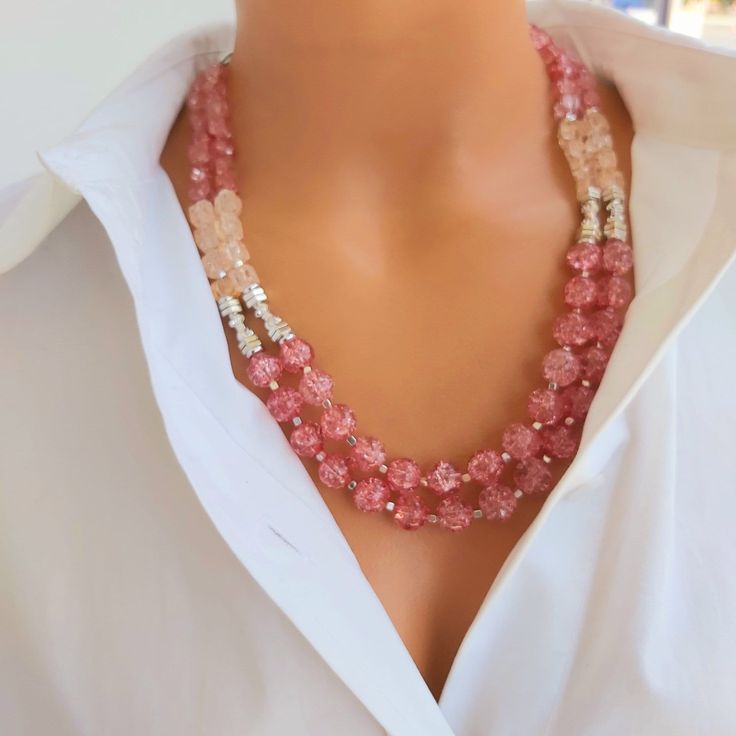 📍 Description :  The hand-made necklace has been designed with unique and rare find Mountain Crystal Najaf Gemstone  in pink colour, It consist of 2 rows of natural stone  💥The colours of the stone may differ slightly in photo shoots caused by lighting and reflections. The necklace is Modern chunky statement gemstone beaded asymetrical necklace for women. The necklace does not stretch and well kept its shape. ✂ Materials : The natural stones used are;  Mountain Crystal Najaf Gemstone  The chai Luxury Pink Polished Beaded Necklaces, Luxury Pink Necklace With Faceted Beads, Luxury Pink Elegant Beaded Necklaces, Multi-strand Crystal Necklace With Gemstone Beads, Pink Round Gemstone Beaded Necklace, Pink Rondelle Elegant Jewelry, Pink Crystal Necklace With Natural Stones, Elegant Pink Rondelle Jewelry, Elegant Pink Crystal Necklace For Party