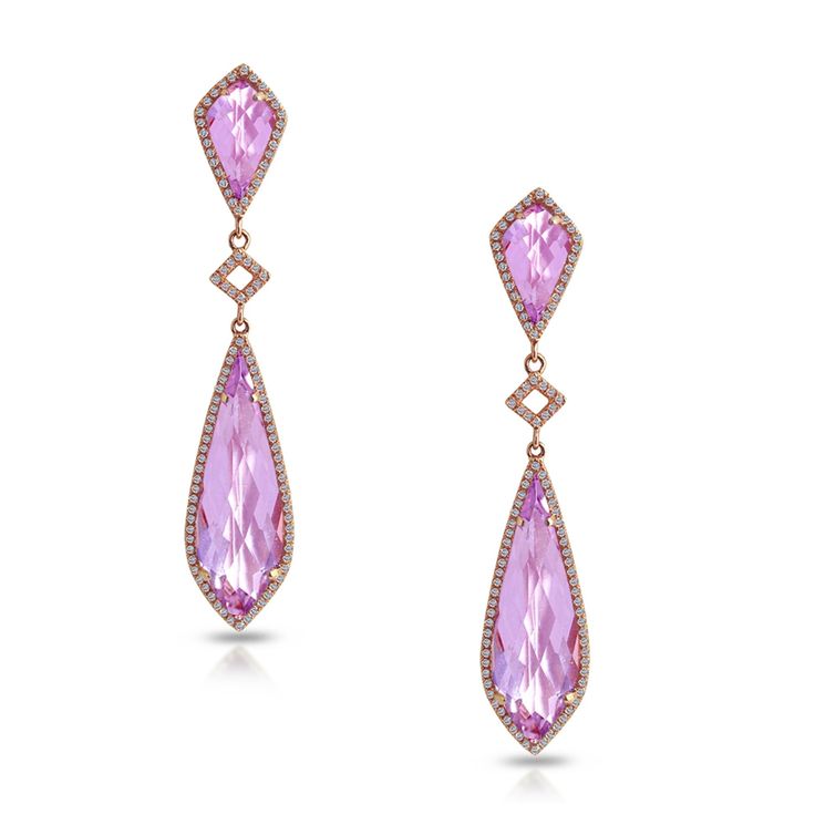 Art deco inspired pink amethyst kite shape and diamond dangle earrings in 14k solid gold m Amethysts are viewed as a stone of peace and calming presence and high aspirations for life L Four kite shaped pink amethysts surrounded by small shimmering diamonds pave set in 14k gold k available in lemon quartz, green amethyst and other semi precious tones, please inquire for pricing m Dimensions: length 50 mm width 11 mm Diamond Information: 204 diamonds .50 cts Stone Information: 4 pink amethysts Gol Art Deco Cubic Zirconia Drop Earrings, Luxury Pink Marquise Jewelry, Classic Gemstone Accented Drop Earrings, Elegant Marquise Amethyst Jewelry, Elegant Rose Gold Jewelry With Diamond Markers, Luxury Purple Teardrop Jewelry, Elegant Purple Jewelry With Diamond Accents, Diamond Gemstone Drop Earrings, Elegant Earrings With Diamond Markers As Gift