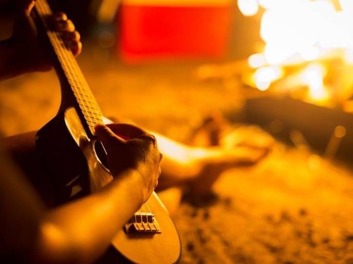 a person holding a guitar in front of a fire