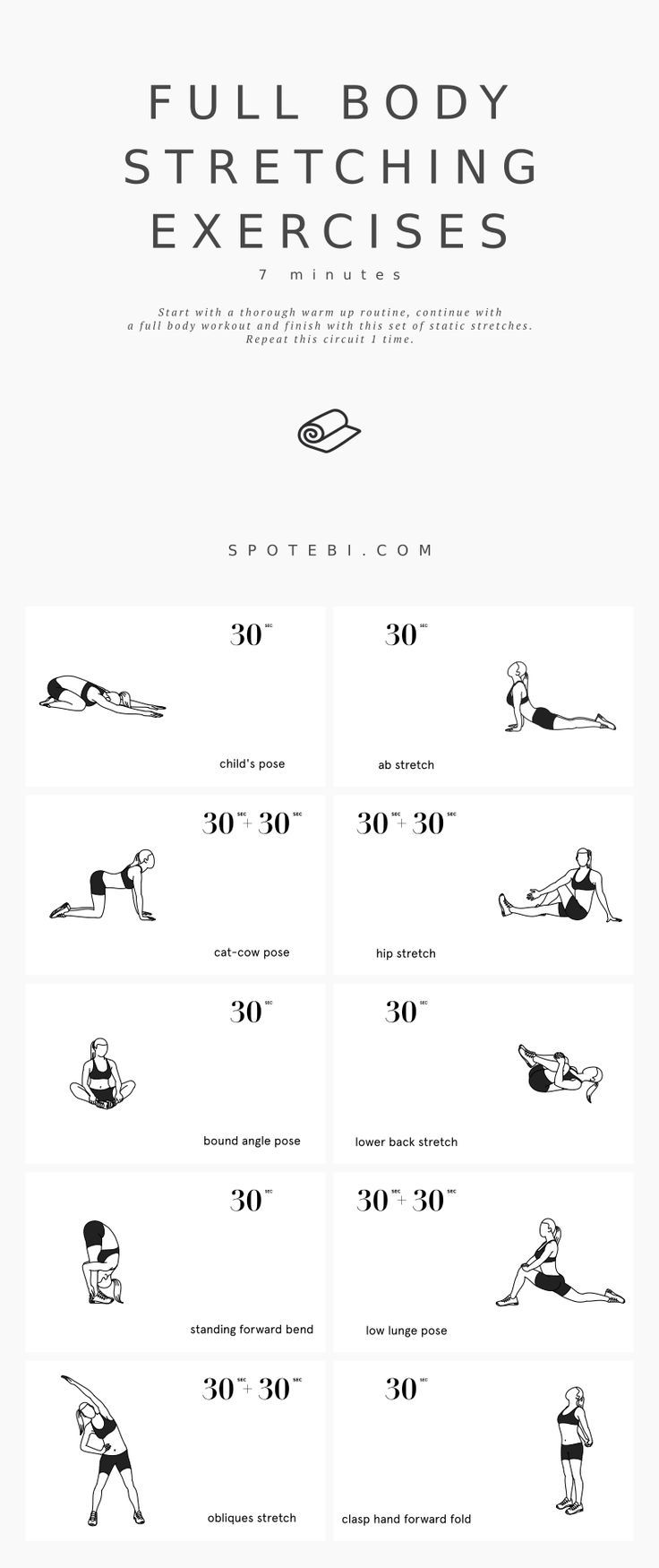 the full body stretching exercises are shown in black and white, as well as an exercise chart