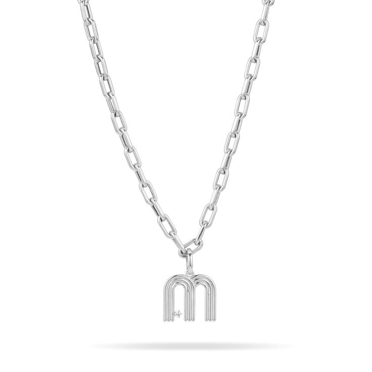 5.3mm Groovy Italian Chain Initial Necklace in Sterling Silver Classic Silver Initial Pendant Chain Necklace, Classic Silver Chain Necklace With Initial Pendant, Sterling Silver Link Charm Necklace, Modern Sterling Silver Initials Necklace, Silver Jewelry With Paperclip Chain And Initial Pendant, Silver Chain Necklace With Initial Pendant, Silver Necklace With Initial Pendant And Paperclip Chain, White Gold Initial Necklace With Cable Chain, Silver Cable Chain Necklace With Initial Pendant