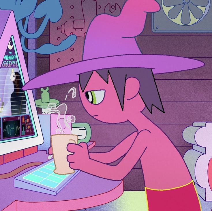 a cartoon character sitting at a table with a drink in front of a computer screen