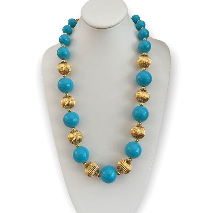 This Is An Amazing Signed Estate Sale Joan Rivers Cellulose Acetate Turquoise Snd Gold Tone Metal Bead Necklace. It Is Stamped Joan Rivers On The Clasp. Measures 28 Inches End To End. In Unused Vintage Condition. Comes In A Beautiful Joan Rivers Velvet Pouch. Excellent Gift Item. Elegant Large Beads Turquoise Necklace, Elegant Turquoise Necklace With Large Blue Beads, Elegant Blue Turquoise Necklace With Large Beads, Elegant Light Blue Jewelry With Large Beads, Elegant Turquoise Necklace With Large Beads, Elegant Light Blue Beaded Necklace, Elegant Blue Turquoise Necklace With Round Beads, Elegant Blue Turquoise Necklace With Polished Beads, Joan Rivers Jewelry