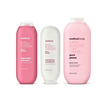 Turn your shower into the kind of escape you need right now with pure peace volumizing shampoo + conditioner. each formula is infused with delightful igredients like peony + rose water, and a scent that's sure to set the mood. the good vibes just keep going. peace out. Size: 3.4 oz.  Color: Multicolor. Method Shampoo And Conditioner, Best Shampoo And Conditioner For Oily Hair, Method Shampoo, Tresemme Shampoo And Conditioner, Body Collage, Blender Projects, Curly Shampoo, Tresemme Shampoo, Good Shampoo And Conditioner