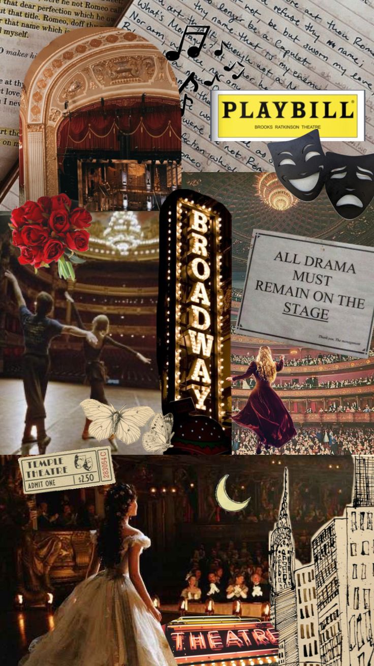 collage of images including theater, theatre marquee and the words playbill