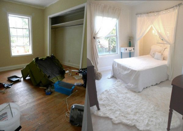 before and after photos of a bedroom being remodeled with carpeted flooring, walls painted white