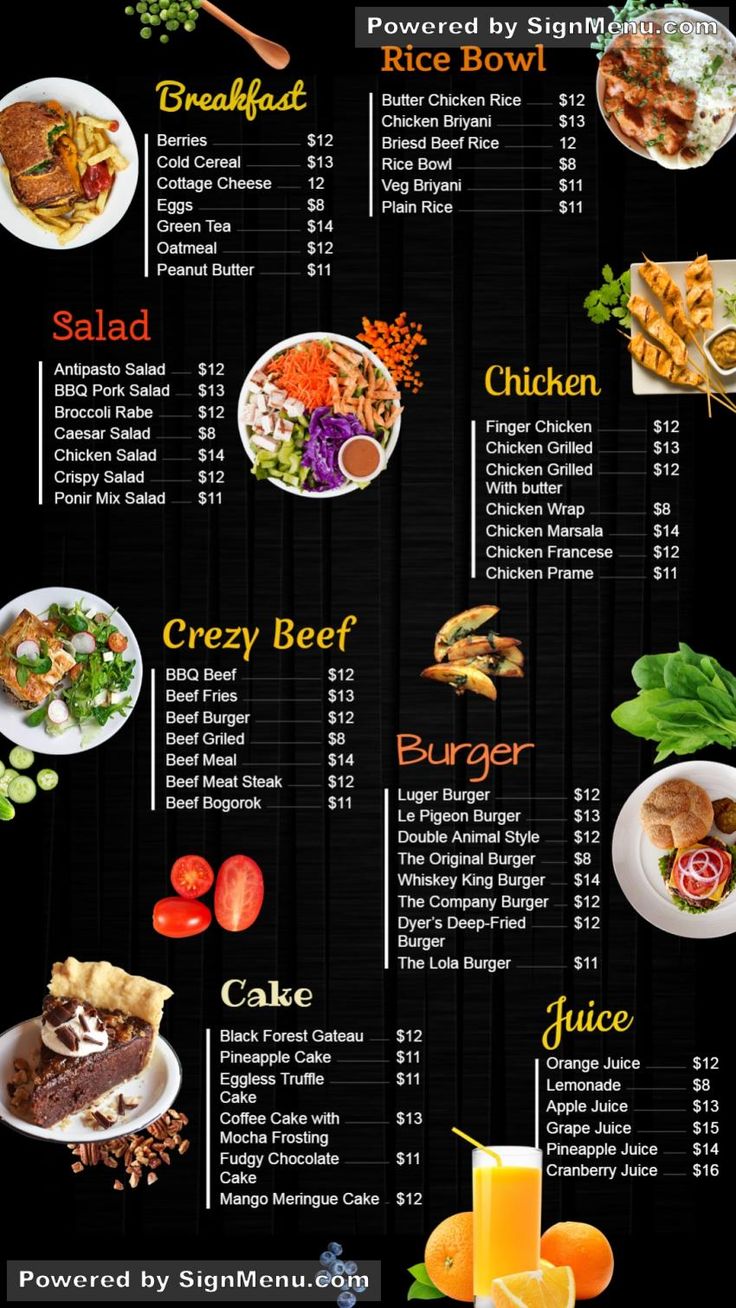 a black menu with different types of food on it