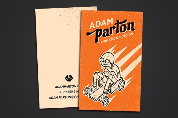 an orange and white brochure with a cartoon character riding a skateboard