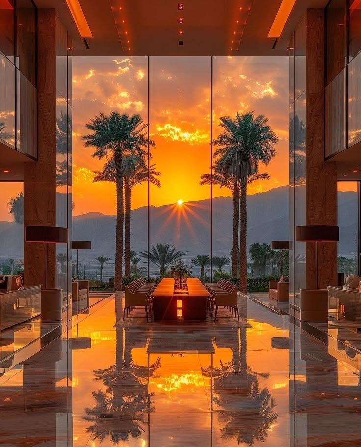 the sun is setting behind palm trees in an elegant living room with large glass walls