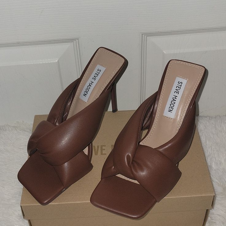 Brand New In The Box Steve Madden Monique Sandals Faux Leather Upper Puffy Straps 4 Inch Heel Height Square Toe Size: Us 8 Imported Made In China Brown Wrapped Heel Sandals For Party, Party Sandals With Wrapped Heel In Brown, Party Brown Sandals With Wrapped Heel, Chic Faux Leather Mules For Party, Brown Party Sandals With Wrapped Heel, Brown Mules With 4-inch Heel For Party, Brown Round Toe Mules For Party, Brown Party Mules With 4-inch Heel, Brown Party Mules With Wrapped Heel