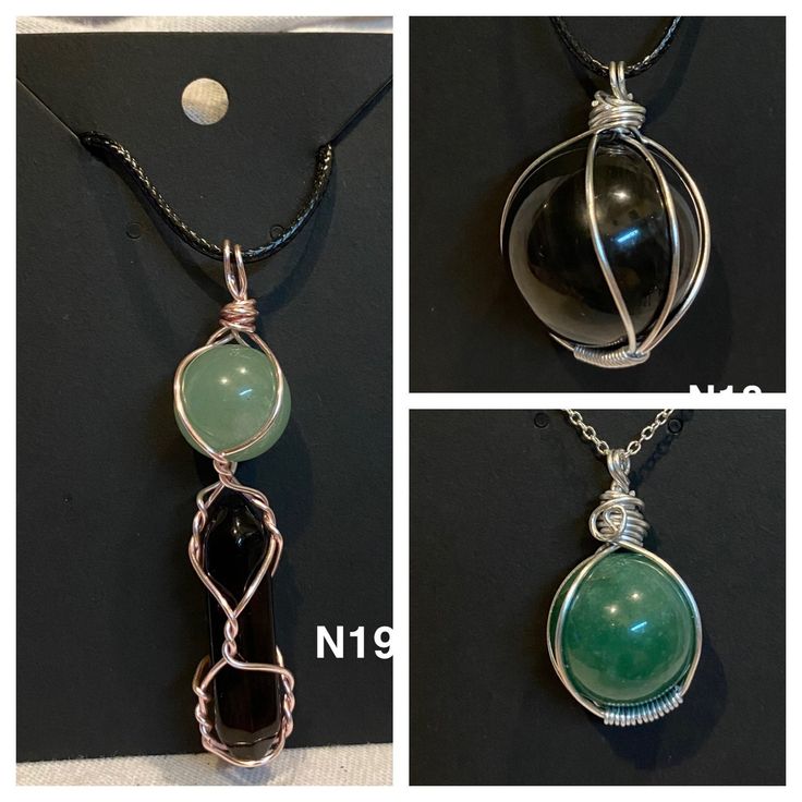 "These handmade wire wrapped pendants are made with a black onyx (N18) crystal, aventurine (N17) crystal and a pendant with both green chalcedony and black onyx (N19) crystals. Wrapped in a tarnish resistant copper beading wire. N18 and N19 are on an 18\" waxed cotton cord and N17 is on an 18\" silver plated copper chain.  It was handmade in a smoke free home but I do have pets." Handmade Black Jade Necklace, Jade Wire Wrapped Jewelry For Healing, Handmade Black Crystal Necklace, Black Dangle Crystal Necklaces For Gift, Black Dangle Crystal Necklace For Gift, Black Agate Crystal Necklace For Healing, Healing Black Agate Crystal Necklaces, Black Wire Wrapped Pendant Jewelry, Black Jade Round Beads Jewelry