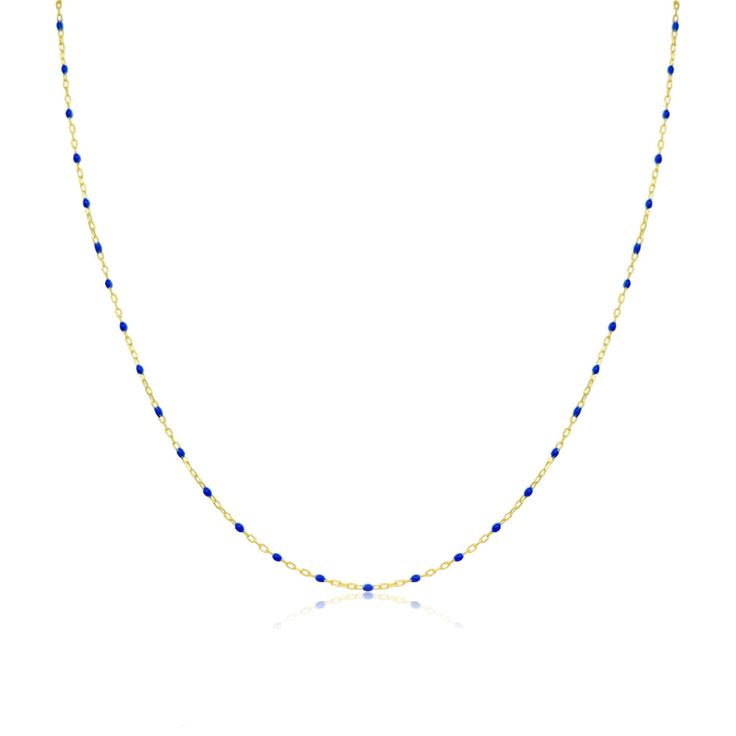 Meira T Blue Enamel 14kt Layering Chain Elegant Blue Necklace With Satellite Chain, Blue 14k Gold Cable Chain Jewelry, Blue Round Cable Chain Necklace, Blue Dainty Cable Chain Jewelry, Blue Dainty Jewelry With Cable Chain, Blue Cable Chain Necklace As Gift, Minimalist Blue Beaded Chain Necklaces, Minimalist Blue Beaded Chain Necklace, Blue 14k Gold Necklace With Adjustable Chain