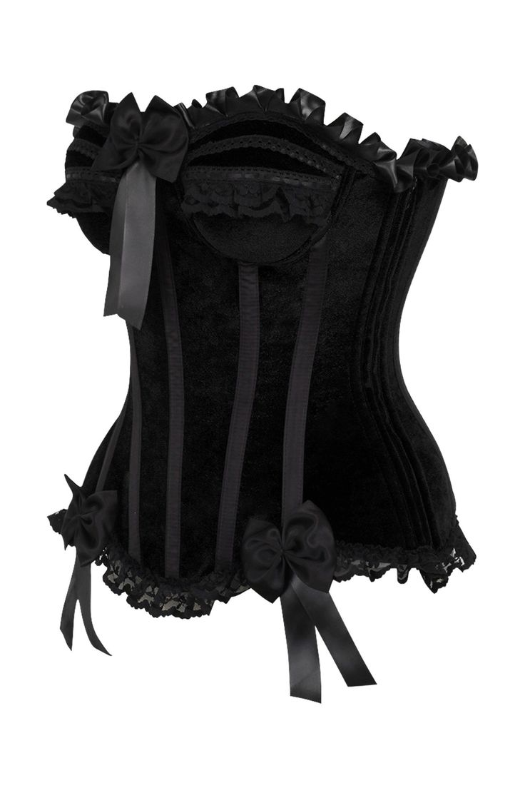 Fullbust corset made of premium velvet & lace fabric Hidden side zipper closure Underwire cups Spiral Steel boning throughout Flat steel boning in the back Lace-Up Back for cinching Dry Clean Only Victorian Widow, Goth Witch Aesthetic, Goth Tops, Burlesque Corset, Goth Clothes, Victorian Corset, Black Lace Corset, Corset Outfit, Waist Cincher Corset