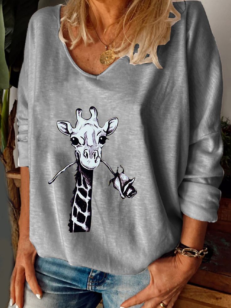 Crew Neck Animal Rose Print Long Sleeve T-Shirts Shopvhs.com Casual Long Sleeve Cartoon Print T-shirt, Oversized Spring Tops With Cartoon Print, Oversized Long Sleeve Top With Funny Print, Casual Fall T-shirt With Cartoon Print, Trendy Cartoon Print Tops For Fall, Casual Gray Cartoon Print Top, Casual Gray Tops With Cartoon Print, Blue Yellow Grey, Womens Tops Summer