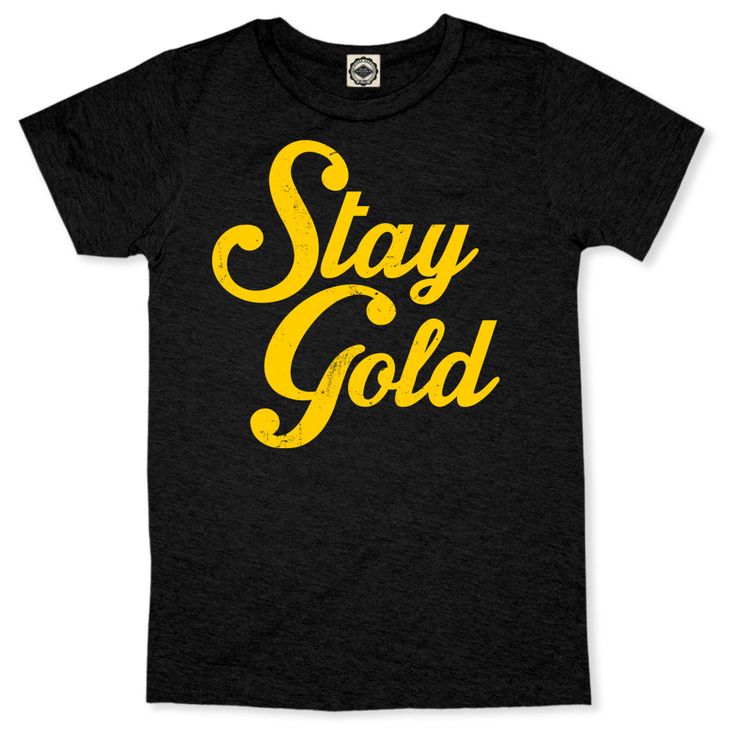 Stay Gold Women's Boyfriend T-Shirt in Black Gold Cotton Tops With Logo Print, Gold Crew Neck Top With Logo Print, Gold Short Sleeve T-shirt With Text Print, Casual Gold T-shirt With Logo Print, Gold Crew Neck T-shirt With Text Print, Gold Graphic Tee With Crew Neck, Gold T-shirt With Screen Print For Streetwear, Gold Crew Neck T-shirt With Screen Print, Gold Crew Neck T-shirt With Letter Print