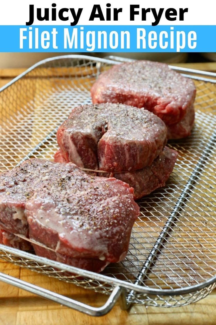 juicy air fryer filet minon recipe on a cooling rack with text overlay