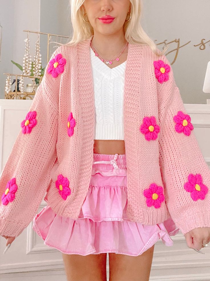 Bright Pastel Outfits, Pink Preppy Clothes, Cute Colorful Clothes, Pink Floral Print Sweater For Spring, Pink Sweater For Spring, Trendy Pink Cardigan For Spring, Casual Pink Cardigan For Spring, Pink Acrylic Cardigan For Fall, Cute Pink Sweater For Spring