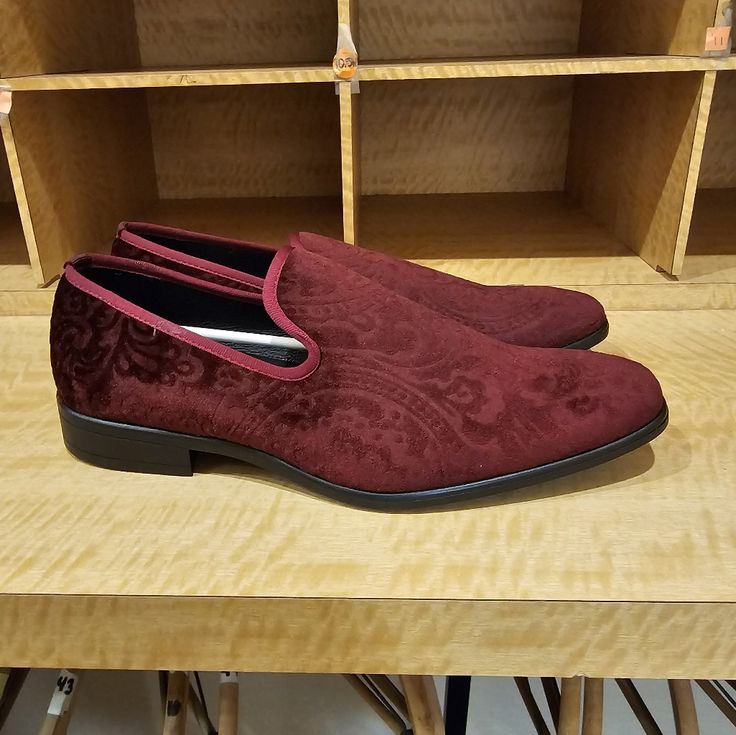 New Suede Loafers Red Formal Dress Shoes For Spring, Red Spring Formal Dress Shoes, Burgundy Slip-on Loafers With Red Sole, Red Formal Dress Shoes For Fall, Red Round Toe Slip-ons For Formal Occasions, Red Round Toe Formal Slip-ons, Red Round Toe Dress Shoes For Fall, Red Formal Slip-ons With Round Toe, Red Dress Shoes With Round Toe For Fall