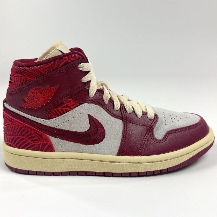 Women's Nike Air Jordan 1 Retro Mid Se Tiki Leaf Red / White Athletic Shoes. - Style # Dz2820-601 - Colorway: Team Red / University Red / Red - Sail Brand New, Never Worn. Shipped Without Original Box. Medium Width. 100% Genuine Us Seller & Family-Owned Business High-top University Red Sneakers With Contrast Sole, University Red High-top Sneakers With Contrast Sole, Red Lace-up Sneakers With Contrast Sole, Sporty Burgundy High-top Sneakers, Burgundy Sneakers With Cushioned Footbed For Streetwear, Nike Red Sneakers With Contrast Sole, Nike Burgundy Low-top Sneakers, University Red Custom Lace-up Sneakers With Contrast Sole, Red Leather Basketball Shoes With Laces