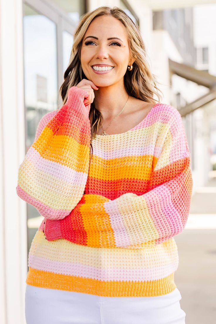 This sweater has us all fired up for the season! It features a lightweight design with bold stripe pattern for a stylish and comfortable look! Perfect for any season, this sweater is sure to be a staple in your wardrobe! 100% Acrylic Trendy Crew Neck Sweater With Contrast Stripes, Trendy Striped Sweater With Ribbed Cuffs, Trendy Striped Sweater For Fall, Trendy Striped Cropped Sweater, Fall Knit Top With Striped Sleeves, Knit Tops With Striped Sleeves For Fall, Multicolor Knit Tops With Ribbed Cuffs, Winter Multicolor Striped Sweater, Crew Neck Knit Sweater With Striped Sleeves