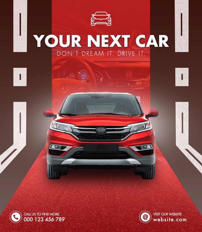 a red car is parked in front of an advertisement for the new honda dealership