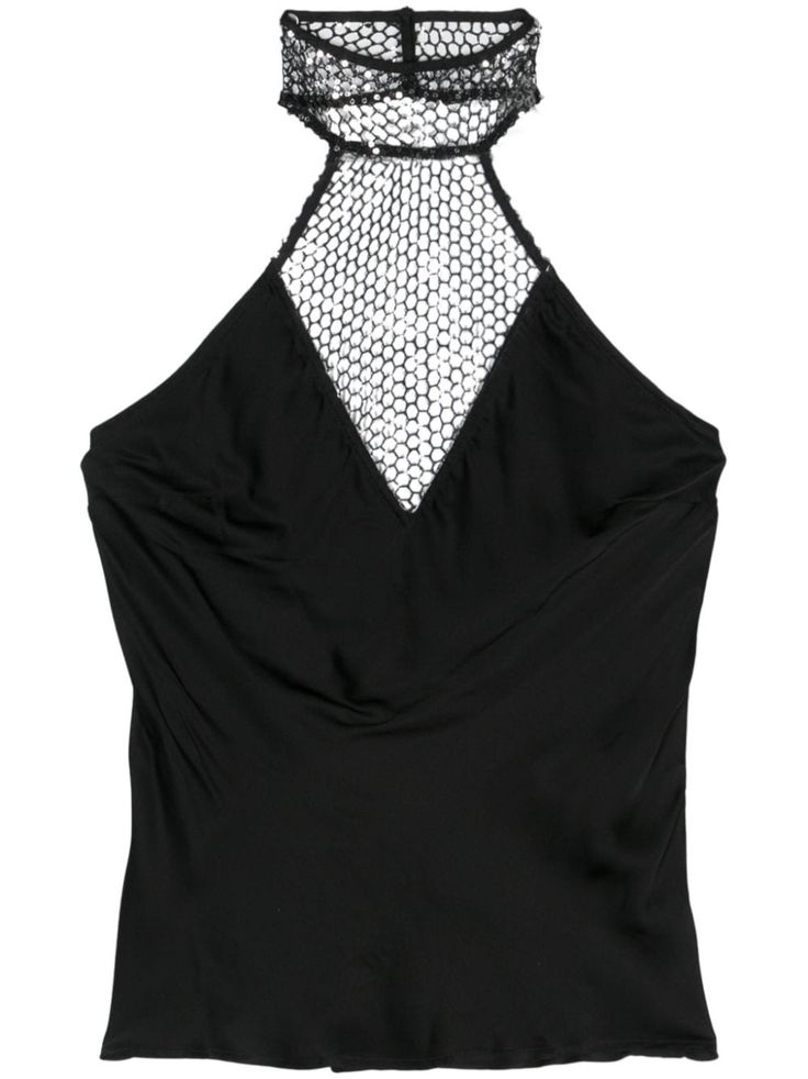 black satin finish mesh detailing sequin embellishment halterneck concealed side zip fastening sleeveless straight hem Fitted Sequin Mesh Tops, Party Mesh Top With Sequins, Elegant High Neck Satin Top, Stretch Satin Halter Neck Top, Stretch Satin Halter Top For Party, Party Satin Stretch Tank Top, Party Satin Stretch Halter Top, Fitted Halter Neck Tank Top For Evening, Stretch Halter Neck Top For Evening