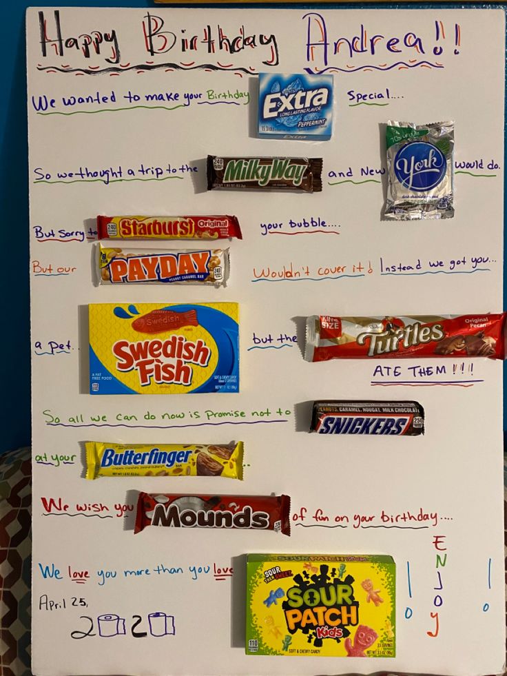 a birthday card with candy bars on it