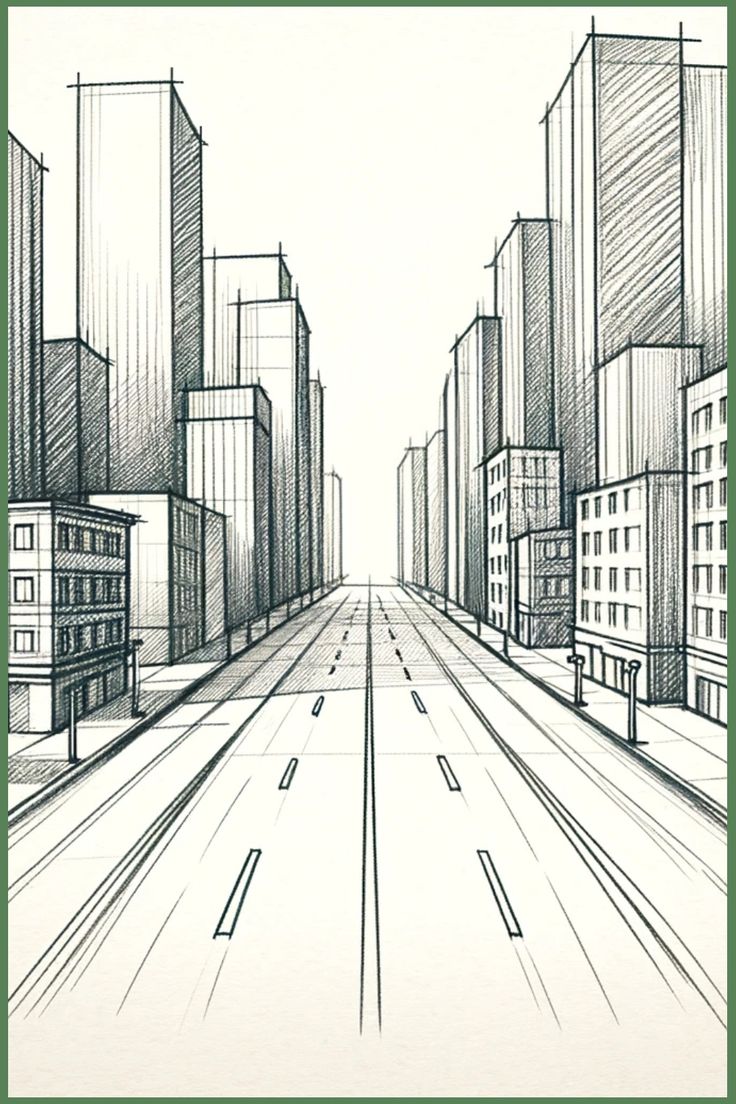 a drawing of a city street with buildings