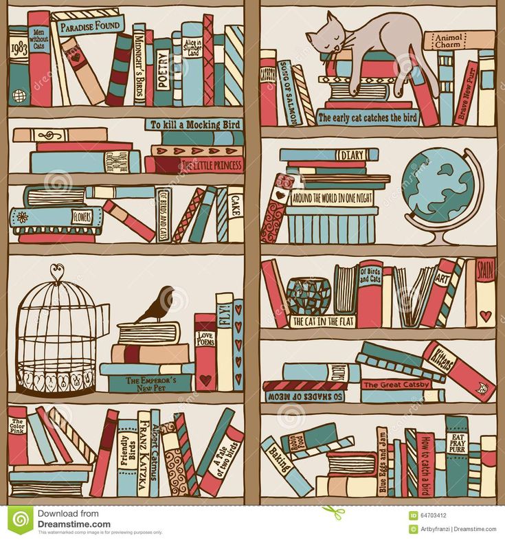 a book shelf filled with lots of books and a birdcage sitting on top of it