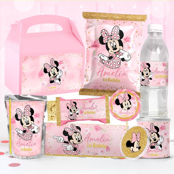 minnie mouse birthday party supplies including water bottle, napkins and candy bar wrappers