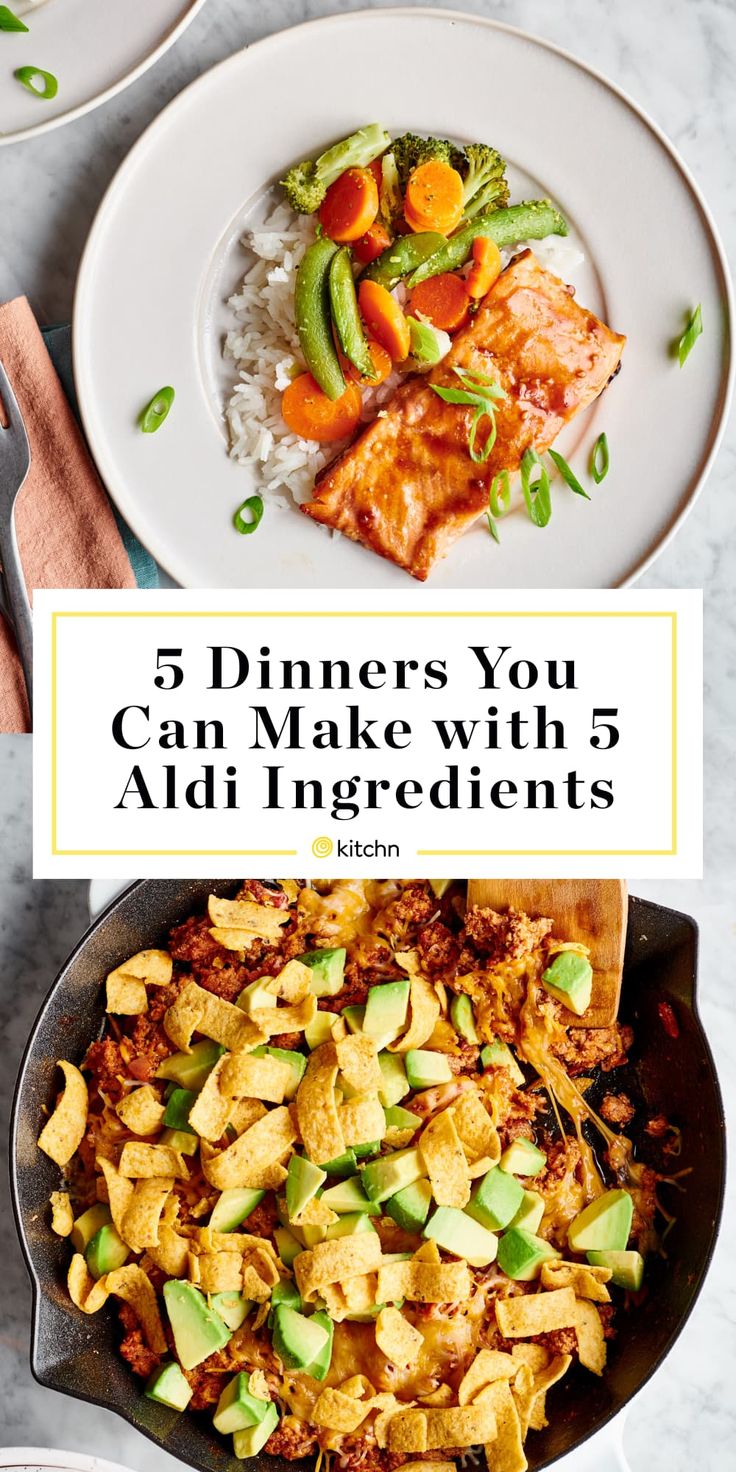 a plate with rice, meat and vegetables on it that says 5 dinners you can make with aid ingredients