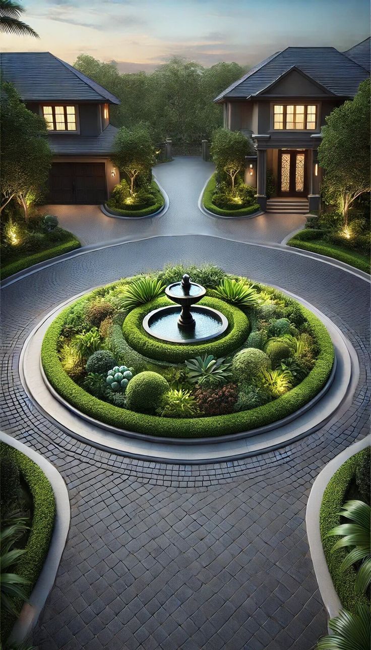 a circular garden in the middle of a driveway surrounded by greenery and bushes with a fountain