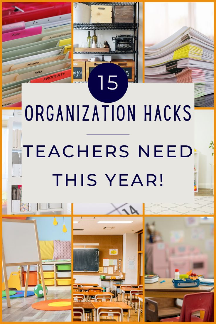 the words organization hacks teachers need this year are surrounded by pictures of desks and chairs