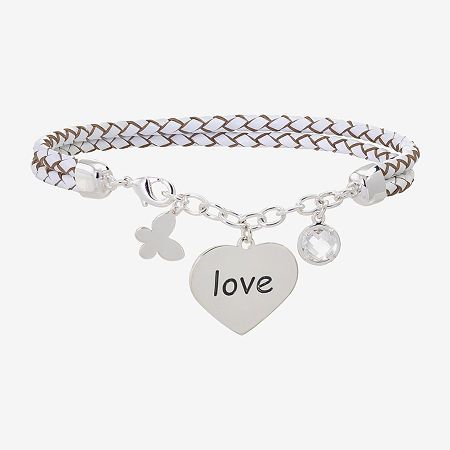 Features: In A Gift Box, Inspirational, Nickel Free, AdjustableCircumference: 8 3/4 InchJewelry Closure: Lobster ClaspShape: Heart, ButterflyStone Cut: RoundMetal Color: Silver ToneChain Width: .8 MillimetersPendant Length: 20.1mmPendant Width: 18.1mmChain Construction: BraidCare: Wipe CleanStone Type: 1 Cubic ZirconiaBracelet Type: Charm BraceletsMetal: Pure Silver Over BrassCountry of Origin: Imported White Heart-shaped Metal Charm Bracelet, Adjustable White Charm Bracelet With Heart Charm, White Adjustable Heart Bracelet For Anniversary, Adjustable Metal Charm Bracelet For Valentine's Day, Adjustable Heart Charm Bracelet For Anniversary, Silver Adjustable Double Heart Charm Bracelet, Adjustable Silver Double Heart Charm Bracelet, Adjustable Double Heart Charm Bracelet For Anniversary, Adjustable Charms Heart Bracelet For Anniversary