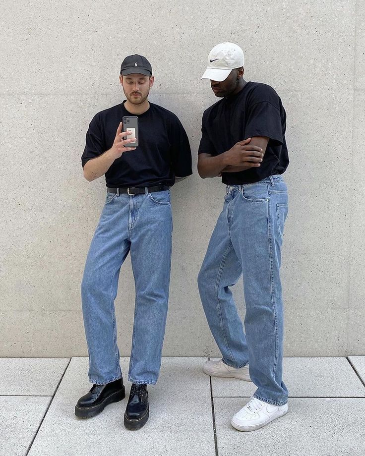 Menswear on Instagram: “Double denim, literally  @the.simons & @nubian.smith | #nclgallery” 90s Male Fashion, Straight Jeans Outfit, Jeans Outfit Men, Creative Fashion Photography, Pants Outfit Men, Streetwear Fits, Black Pants Men, Caption This, Effortless Fashion