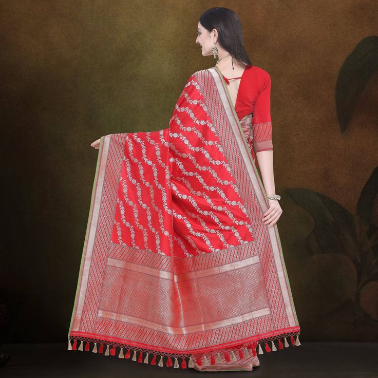 Category - Pure Katan Silk Banarasi Saree. Khinkhwab brings you an exclusive Katan range that is sure to make you fall in love with.This elegant traditional red katan handloom Kadua saree with Leheriya (waves) work all over is just the right pick to make a stunning statement. The silver and gold zari weaving (Sona Rupa work) done all over to make leheriya design makes it a stunning, elegant and regal saree. Fabric - Pure Banarasi Katan Silk. Katan is a thread, prepared by twisting a different nu Traditional Red Pre-draped Saree With Zari Weaving, Red Art Silk Pre-draped Saree With Self Design, Designer Red Paithani Silk Pre-draped Saree, Red Katan Silk Pre-draped Saree For Designer Wear, Red Chanderi Pre-draped Saree With Zari Weaving, Red Zari Weaving Traditional Wear For Navratri, Red Navratri Traditional Wear With Zari Weaving, Red Traditional Wear With Zari Weaving For Navratri, Traditional Red Pre-draped Saree For Eid