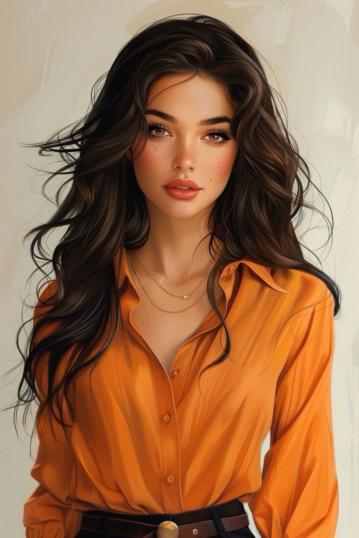 a painting of a woman wearing an orange shirt and black pants with her hair blowing in the wind