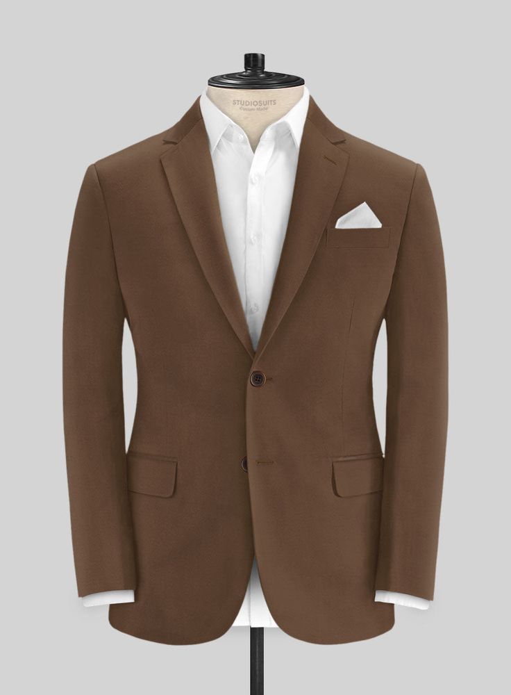 It's time to spice things up with our Italian Hickory Brown Cotton Stretch Jacket. Meticulously crafted from a premium blend of cotton and lycra, this jacket elevates your jacketing game with the latest and most astonishing style, creating a sleek and streamlined silhouette. Moreover, the rich and solid texture of the fabric adds depth and dimension to the deep brown hue, effortlessly embodying a refined vibe.   Look Includes   Italian Hickory Brown Cotton Stretch  Fabric  Two Button Jacket Style  Notch Lapel  Horn Brown Buttons  Single Vent  Three Cuff Buttons   You can change the look during customization if required.   Lining: Viscose; Dry Clean. Suit Without Tie, Vintage Brown Suit, Bespoke Jacket, Brown Brogues, Grey Wool Suit, Tweed Sport Coat, Dark Blue Suit, Light Blue Jacket, Navy Blue Chinos