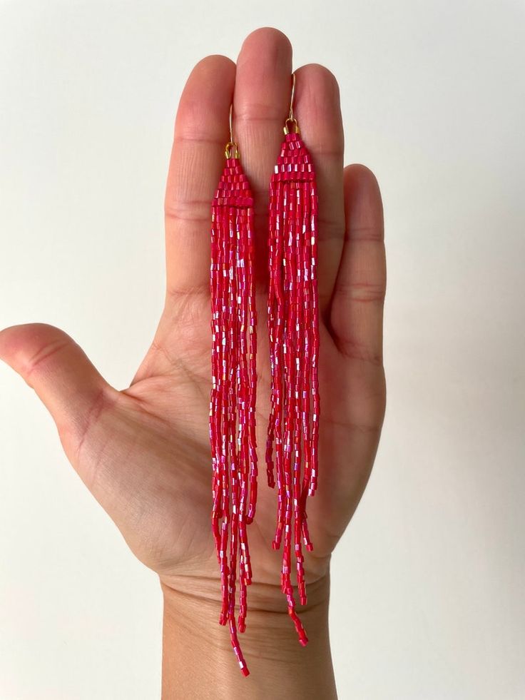 Handmade Red Long Drop Beaded Earrings, Handmade Red Beaded Long Drop Earrings, Handmade Red Long Drop Jewelry, Red Festive Dangle Beaded Earrings, Red Long Drop Beaded Earrings As Gift, Red Beaded Earrings As Summer Gifts, Red Long Drop Beaded Earrings For Gift, Gift Tiny Dangle Beads, Valentine's Day Gift Beaded Earrings