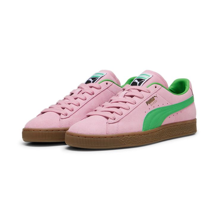 Style: 396451-02 Color: Pink Delight-Puma Green Gender: Mens Pink Sneakers With Gum Sole For Light Sports, Pink Sneakers With Gum Sole For Casual Sports, Pink Puma Sneakers For Light Sports, Casual Pink Puma Sneakers, Pink Puma Sneakers For Spring, Pink Puma Sneakers For Streetwear, Pink Puma Logo Sneakers For Streetwear, Number 30, Puma Suede