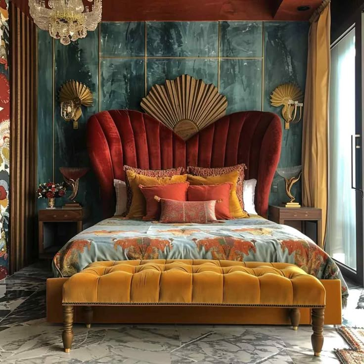 a bedroom with a large red bed and gold accents on the headboard, along with a chandelier hanging from the ceiling